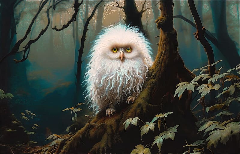 :), owl, bird, creature, fantasy, white, pasari, forest, art, bufnita, HD wallpaper