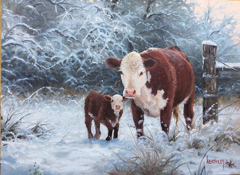 Cold Start, snow, winter, cow, painting, calf, artwork, HD wallpaper
