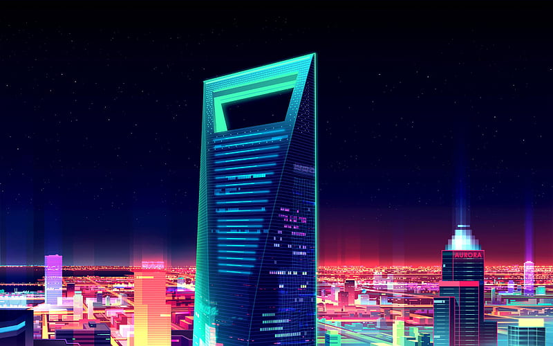 Abstract cityscapes, Shanghai World Financial Center, Aurora Building, metropolis, skyscrapers, China, Asia, Shanghai, Abstract Shanghai, HD wallpaper