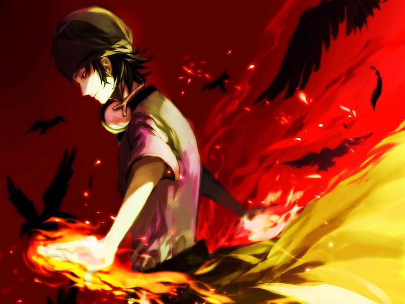 Fire Yata, Boy, Red, Anime, Orange, Misaki Yata, Fire, Birds, Cute, dark, K Project, Original, HD wallpaper