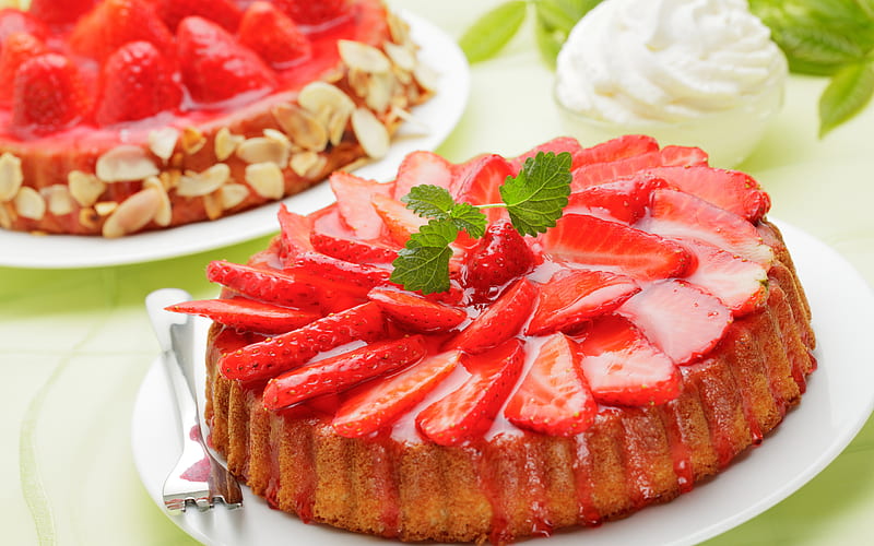 strawberry cake, cream, HD wallpaper
