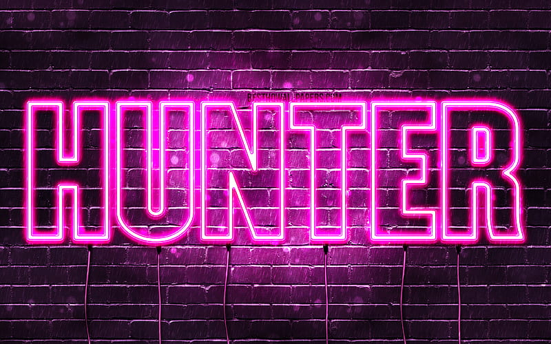 Hunter with names, female names, Hunter name, purple neon lights, Happy Birtay Hunter, with Hunter name, HD wallpaper