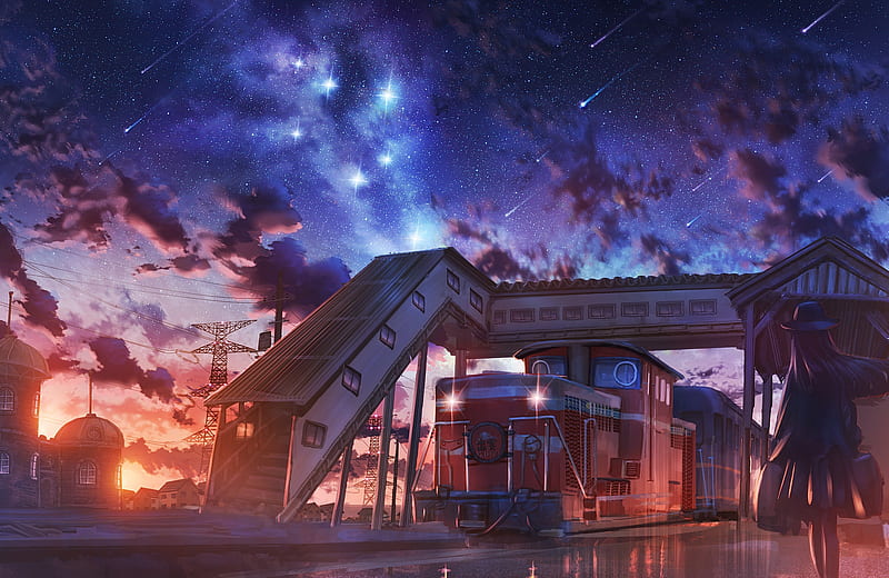 Anime landscape, falling star, train station, trip, scenery, anime girl,  Anime, HD wallpaper | Peakpx