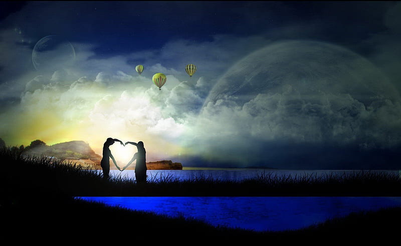 Dream of Love, planets, grass, yellow, clouds, lovingly, nice, fantasy, multicolor love, beauty, rivers, art, , romance, black, sky, abstract, water, balloon, cool, awesome, sunshine, hop, white, artistic, colorful, gray, dreams, bonito, artwork, grasslands, moon, assembly, blue, couple, boyfriends, amazing, valentines, lakes, colors, hot air, 3d, plants, HD wallpaper