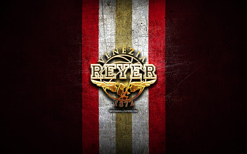 Reyer Venezia, golden logo, LBA, purple metal background, italian basketball club, Lega Basket Serie A, Reyer Venezia logo, basketball, SSP Reyer Venezia Mestre, HD wallpaper