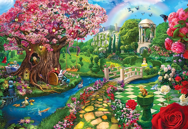 Fairytale Garden, butterflies, river, blossoms, house, bridge, flowers, owl, tree, painting, HD wallpaper