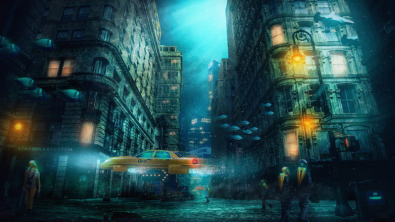 Underwater City , artist, artwork, digital-art, , taxi, HD wallpaper