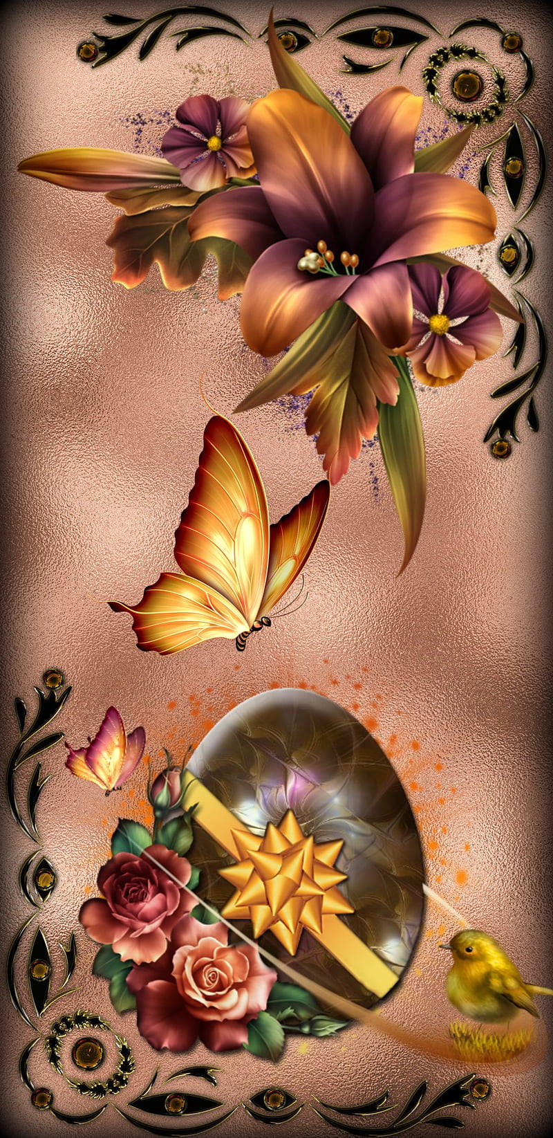 Easter, art, butterfly, desenho, flowers, holiday, rose, HD phone wallpaper