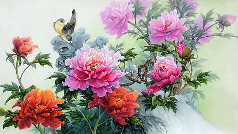 Peonies, asian, flower, chinese, pink, red, art, bujor, peony, bird, painting, pictura, HD wallpaper