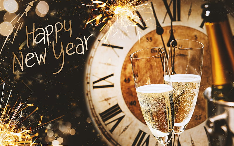 Happy New Year, clock, 2018, champagne, midnight, lights, fireworks, HD wallpaper