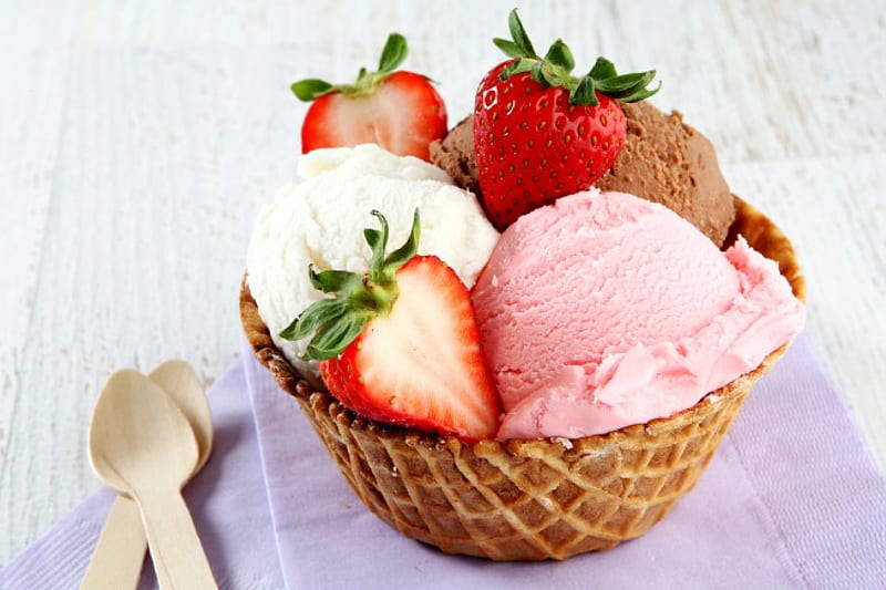 Ice Cream, wafer, strawberry, dessert, sweet, HD wallpaper