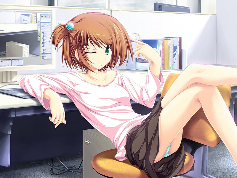 At Work, computer, anime girl, workplace, anime, HD wallpaper