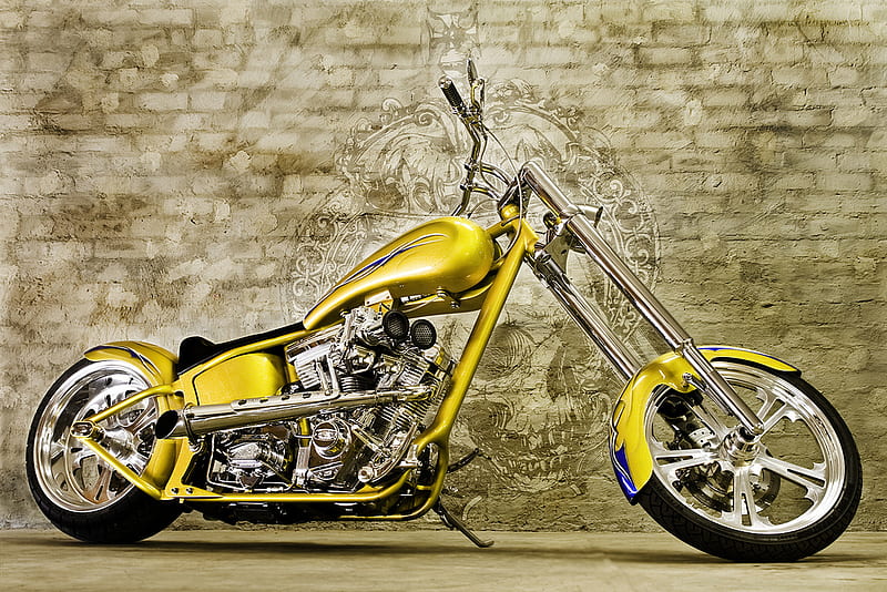 Yellow Custom Chopper, motorcycles, harley davidson, choppers, HD wallpaper