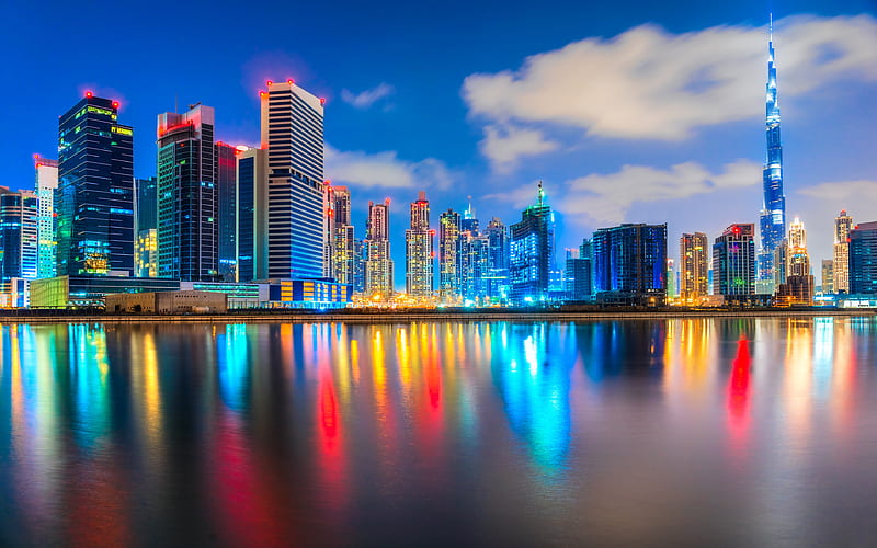 UAE, nightscapes, Burj Khalifa, modern buildings, yachts, Dubai, HD wallpaper