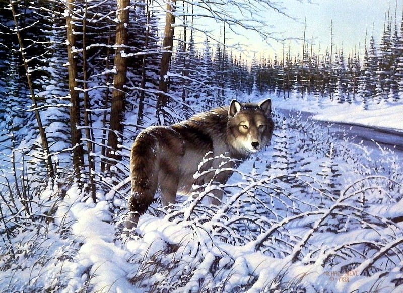 Northern Guard, forest, predator, snow, painting, wolf, artwork, winter, HD wallpaper