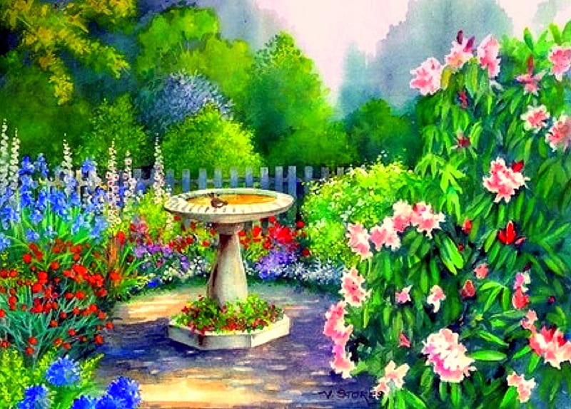 ★Bird Bath Sanctuary★, stunning, colors, love four seasons, places, bonito, attractions in dreams, creative pre-made, country, paintings, flowers, gardens, nature, lovely flowers, gardens and parks, HD wallpaper