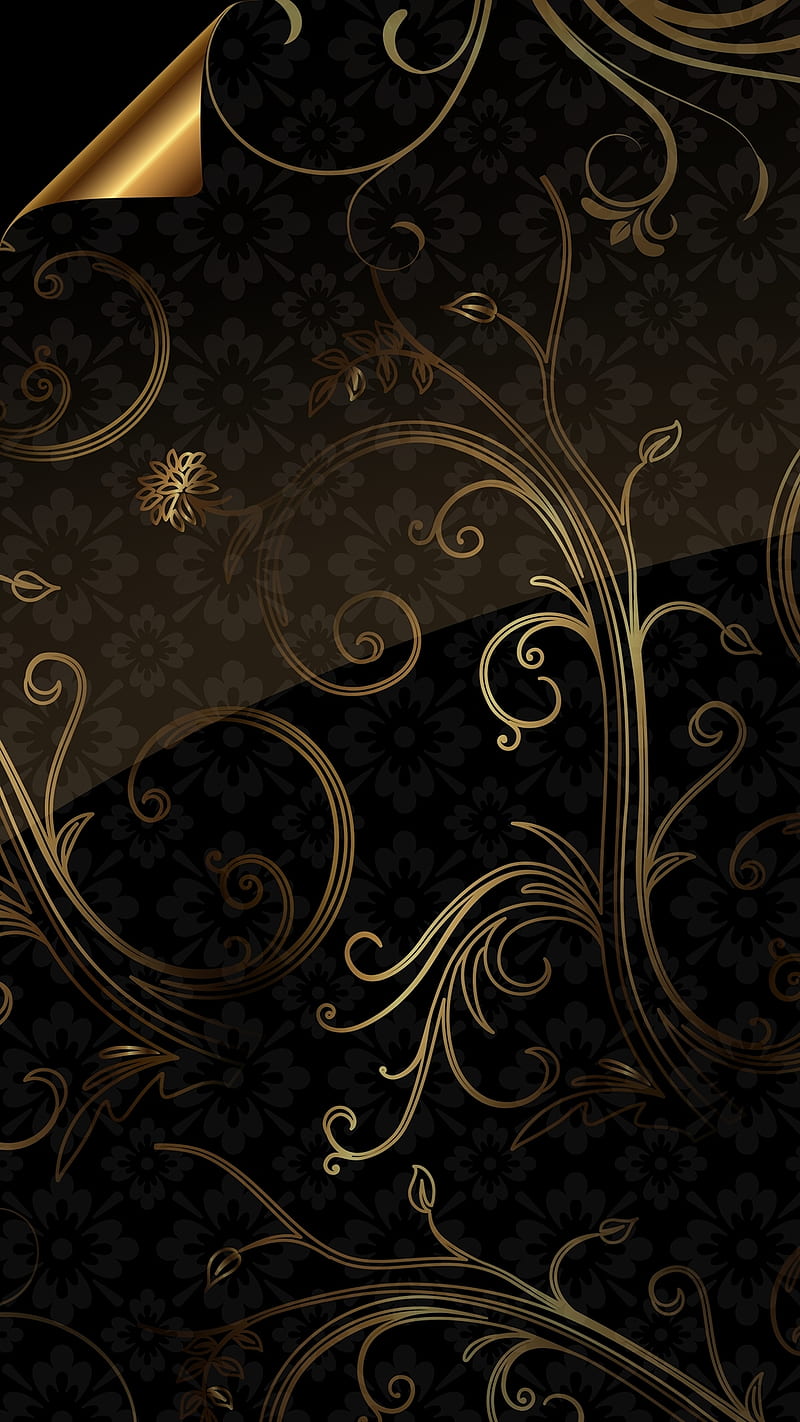 Abstract, art, background, black, flowers, gold, s7, s8, HD phone wallpaper