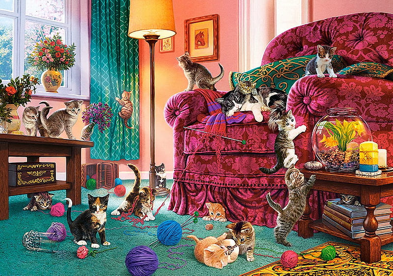 Naughty Kittens, cats, lamp, wool, painting, armchair, flowers, room, HD wallpaper