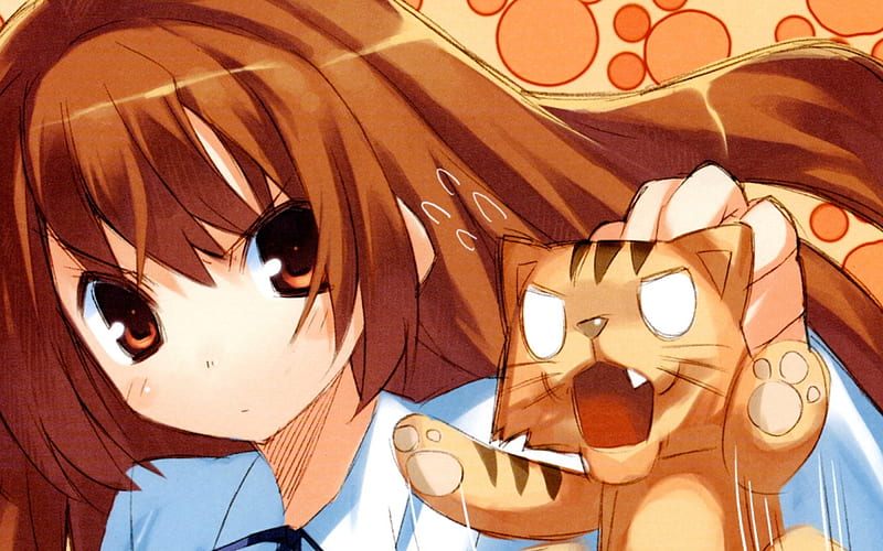 sit down kitty, cute, girl, brown, anime, mad, cat, HD wallpaper