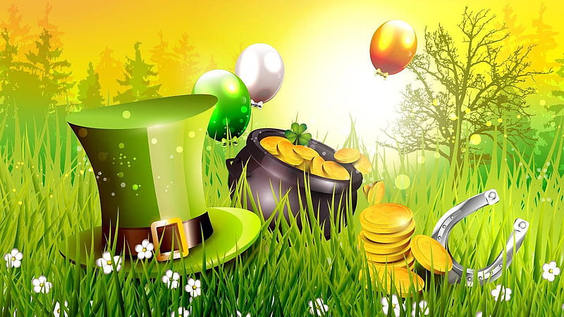 Green Hat Balloons Gold Coins On Grasses St. Patrick's Day, HD wallpaper