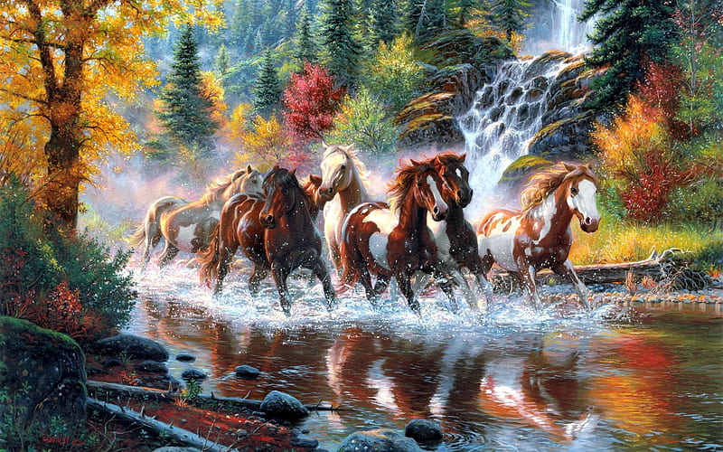 Wild horses, art, autumn, horse, animal, cal, water, painting, running, river, pictura, HD wallpaper