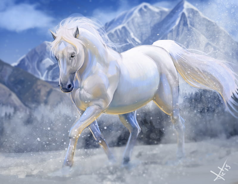 Horse, art, luminos, painting, white, pictura, animal, blue, HD wallpaper