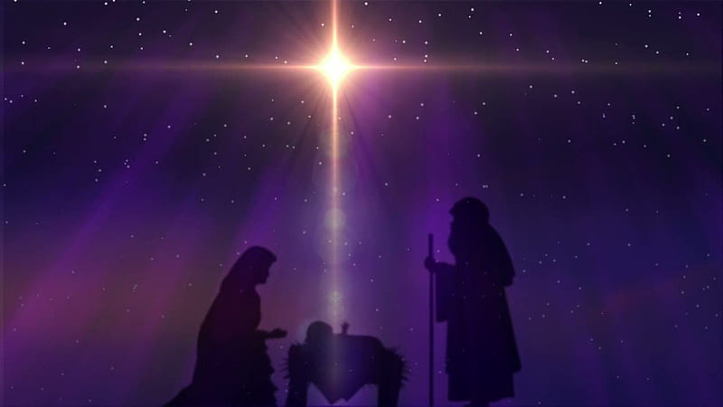 nativity, marija, josip, purple, isus, cross, star, light, HD wallpaper