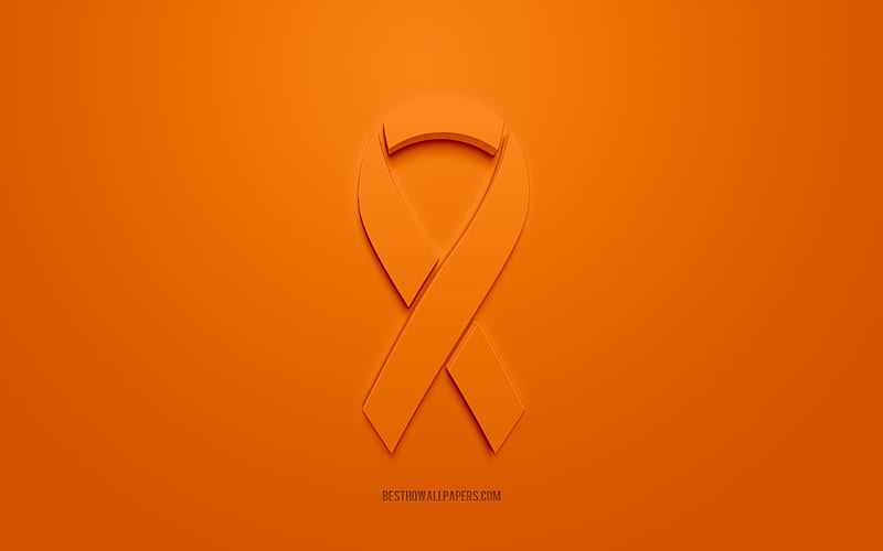 Kidney Cancer ribbon, creative 3D logo, orange 3d ribbon, Kidney Cancer Awareness ribbon, Kidney Cancer, orange background, Cancer ribbons, Awareness ribbons, HD wallpaper