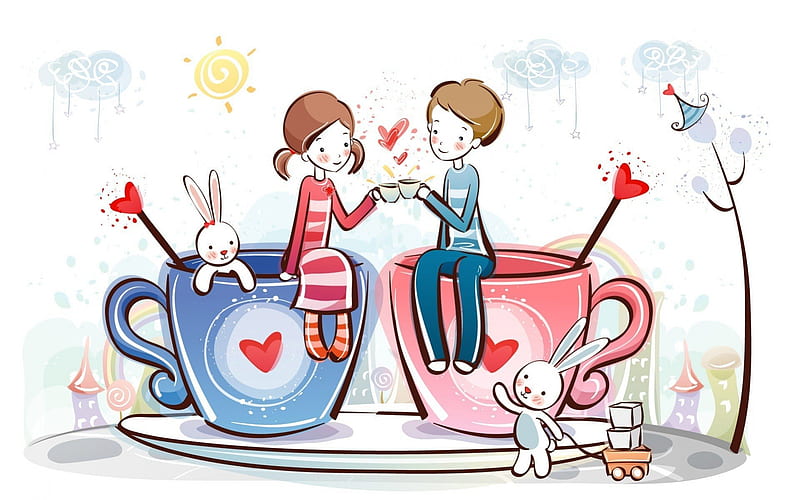 Coffee love, corazones, boy, girl, coffee, love, cup, bunny, pink, couple, blue, HD wallpaper