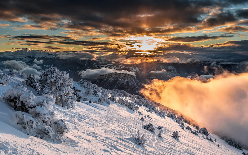 Alps, winter, mountain landscape, snow-capped mountains, sunset, clouds, France, HD wallpaper