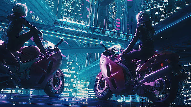 Download 1920 X 1080 Gaming Cyberpunk Woman With Motorcycle Wallpaper
