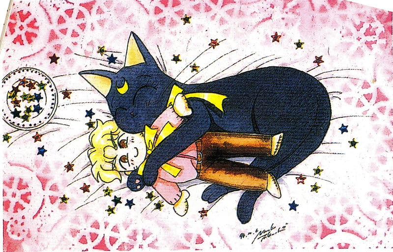 Luna Hugging Plushie, star flakes, moon, anime, kitty, bubbles, sailor moon, doll, pink, HD wallpaper