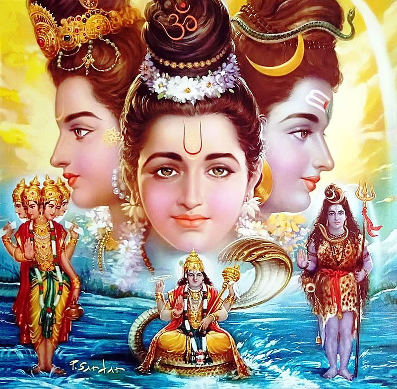 Sri Trimurti - Brahma Vishnu Mahesh Artist: P. Sardar (via Facebook: P.Sardar Studio). Hindu deities, Durga goddess, Lord ganesha paintings, HD wallpaper