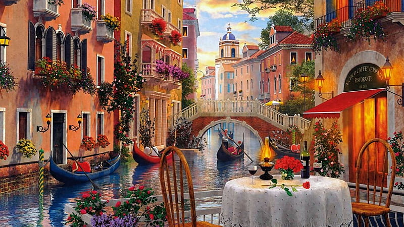 Venice, pretty, table, art, canal, houses, painting, gondola, HD wallpaper