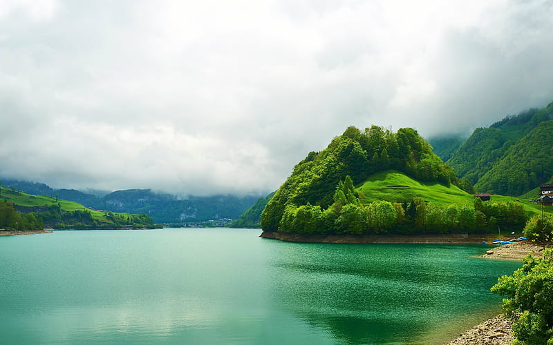 Emerald valley, lake, mountains, fog, Switzerland, HD wallpaper