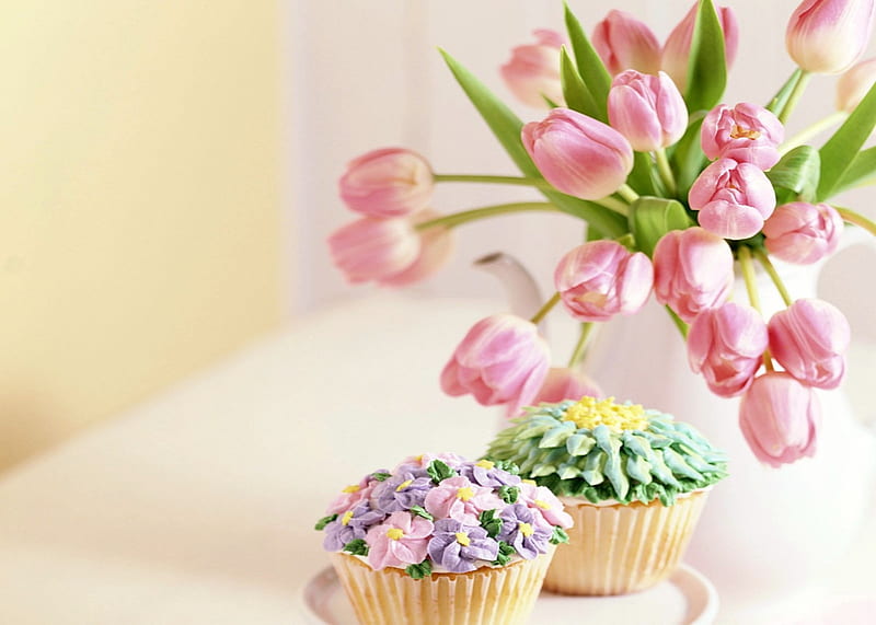 Still Life Flowers And Cupcakes, Still Life, Cupcakes, Flowers, Frosting, Sweet, HD wallpaper