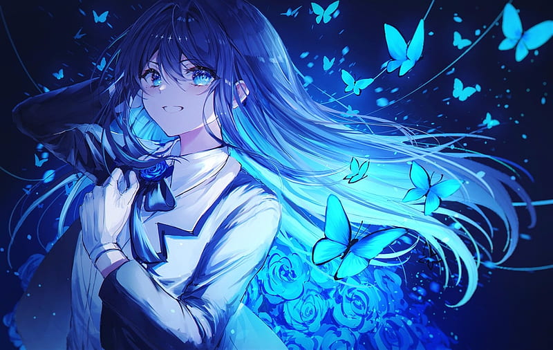 Butterflies, anime girl, blue, wings, pretty, anime, cute, long hair, girl, HD wallpaper