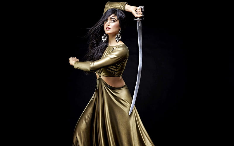 Adah Sharma, Bollywood, beauty, sword, beautiful woman, brunette, HD wallpaper