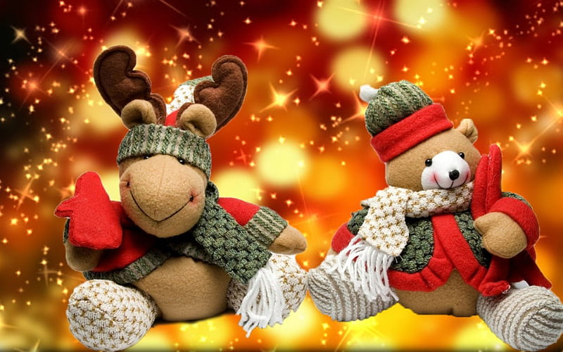 Christmas Toys, Christmas, ornaments, moose, stuffed animal, decorations, bear, scarf, hat, HD wallpaper