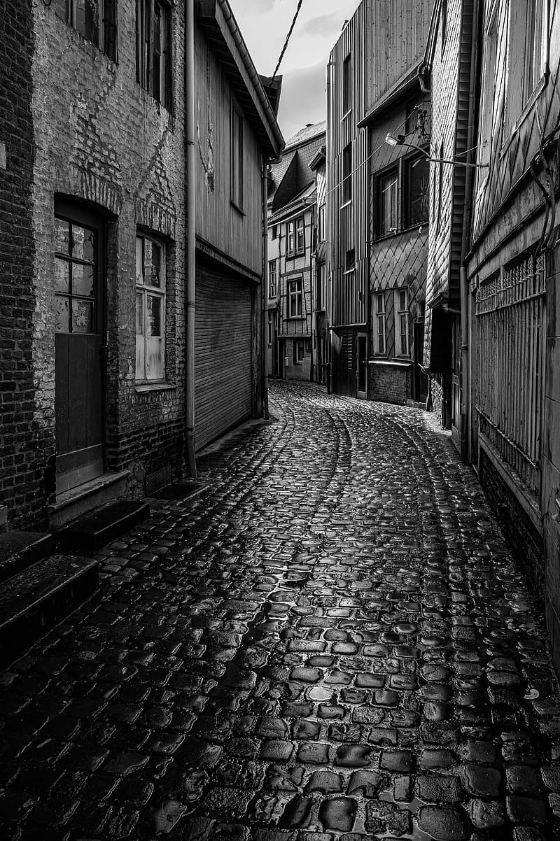 street, buildings, road, paving stones, black and white, HD phone wallpaper