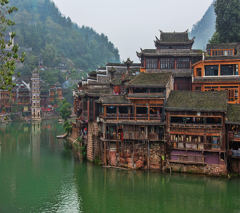 Far East, asia, china, chinese, city, house, mountian, river, HD wallpaper