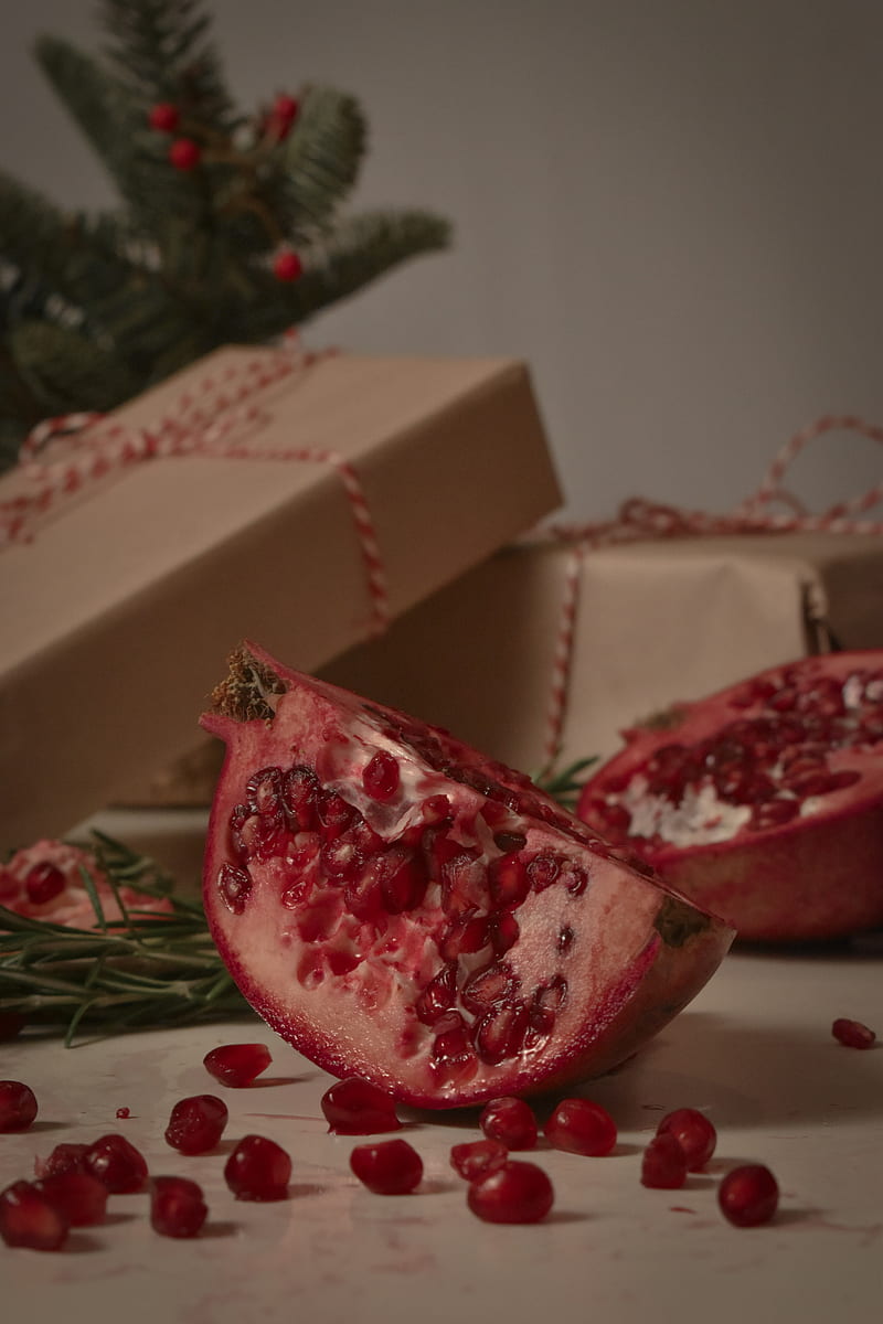 pomegranate, fruit, slices, red, boxes, branches, HD phone wallpaper