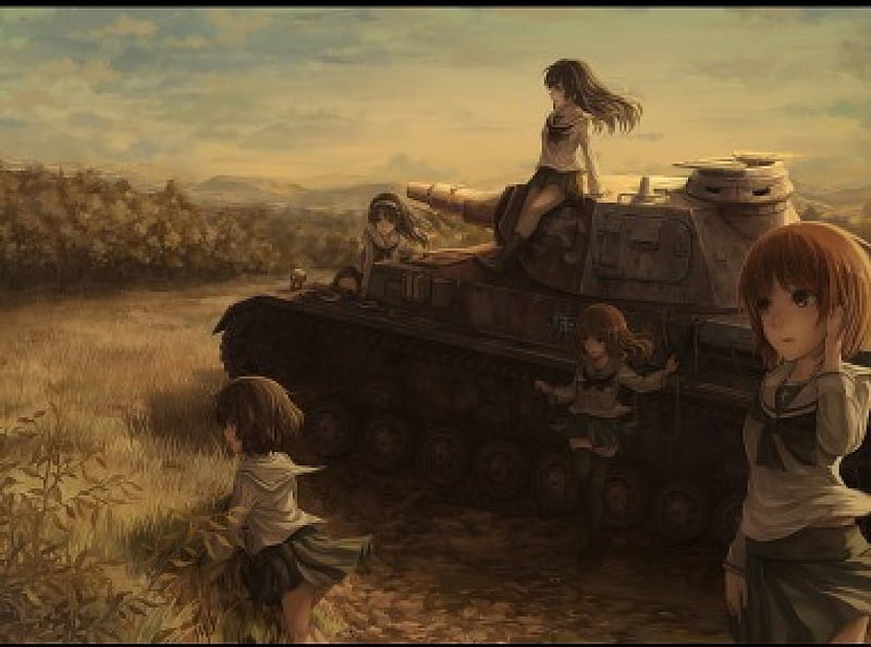 Anime, skies, tanks, field, HD wallpaper