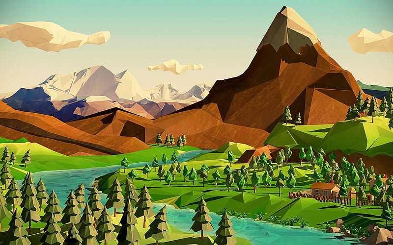 abstract 3D landscape, mountains, forest, river, low poly landscape, abstract nature, low poly art, HD wallpaper