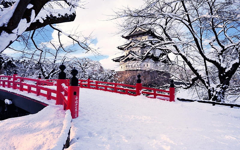 Snowy Road, red, japan, snow, nature, road, castle, winter, HD wallpaper