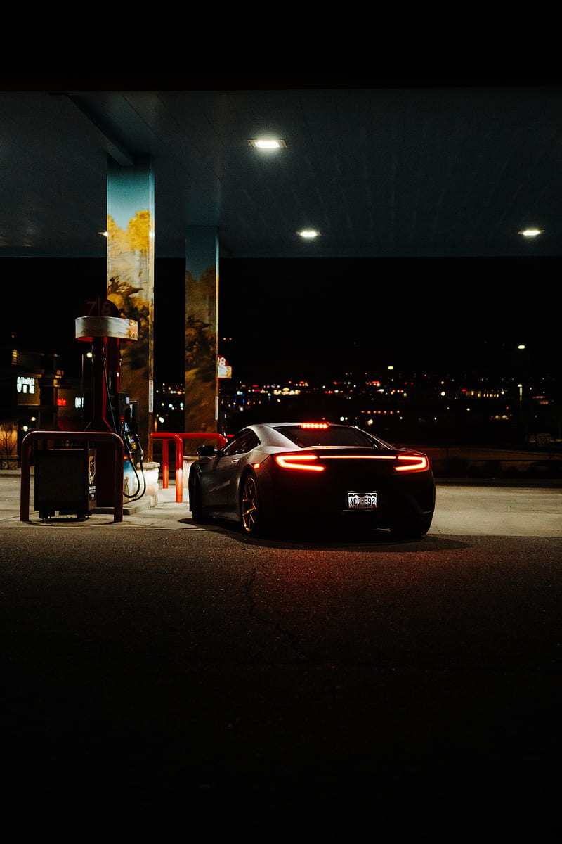 car, black, lights, back view, gas station, HD phone wallpaper