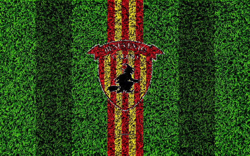 Benevento FC logo, football lawn, Italian football club, yellow red lines, emblem, grass texture, Serie A, Benevento, Italy, football, Benevento Calcio, HD wallpaper