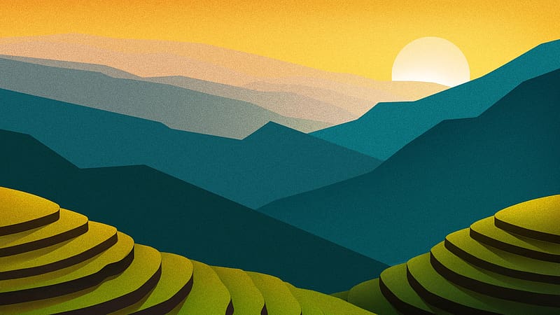 Landscape, Nature, Sunset, Sun, Mountain, Artistic, Minimalist, Rice Terrace, HD wallpaper