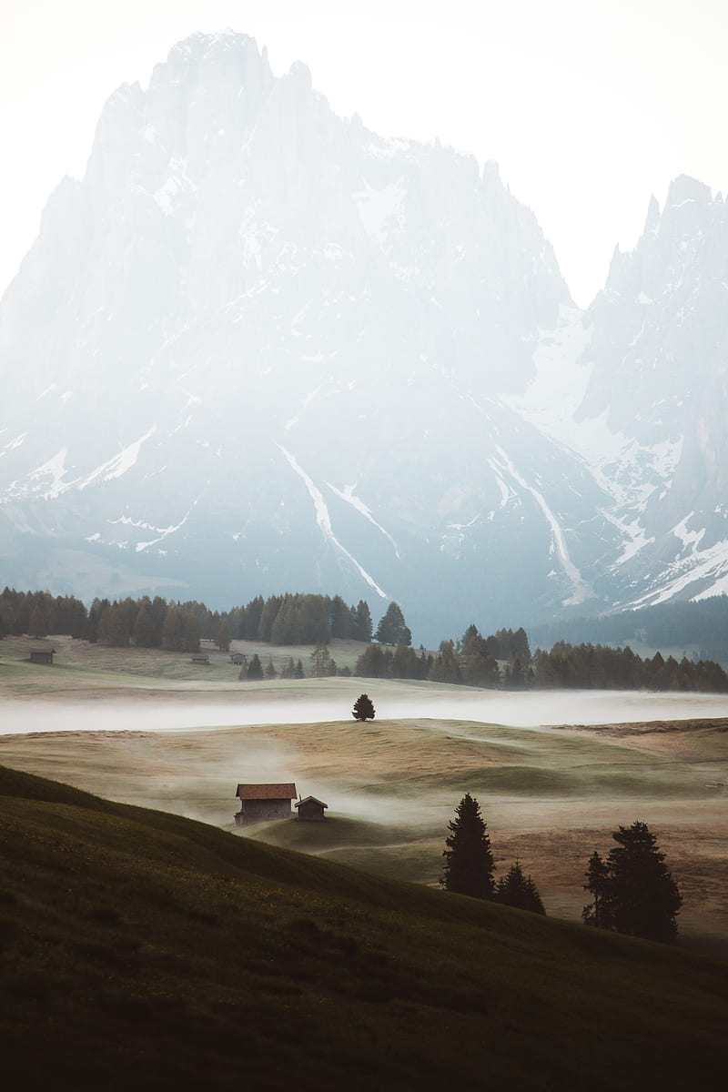 mountains, hills, fog, buildings, trees, HD phone wallpaper