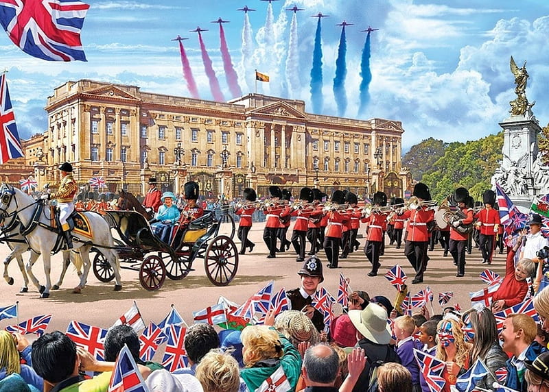 Trooping of The Colour, flypast, queen, palace, carriage, elizabeth, jets, flags, people, royalty, union jack, colour, buckingham, HD wallpaper